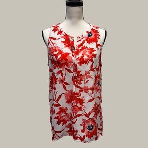 Dalia Sleevless Blouse, L, White with Beautiful red and fuchsia floral